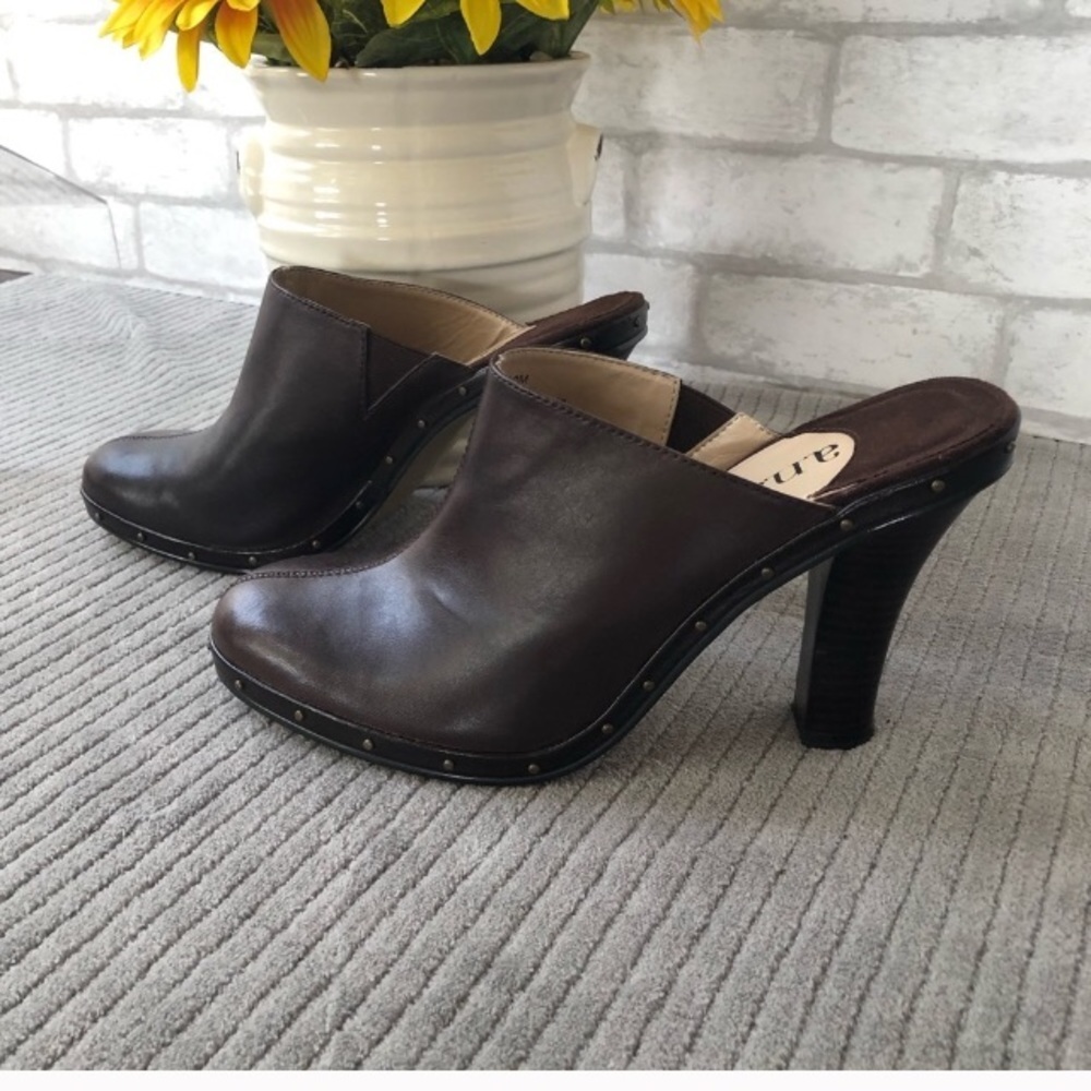 a.n.a Brown Leather High-Heel Clog Mules